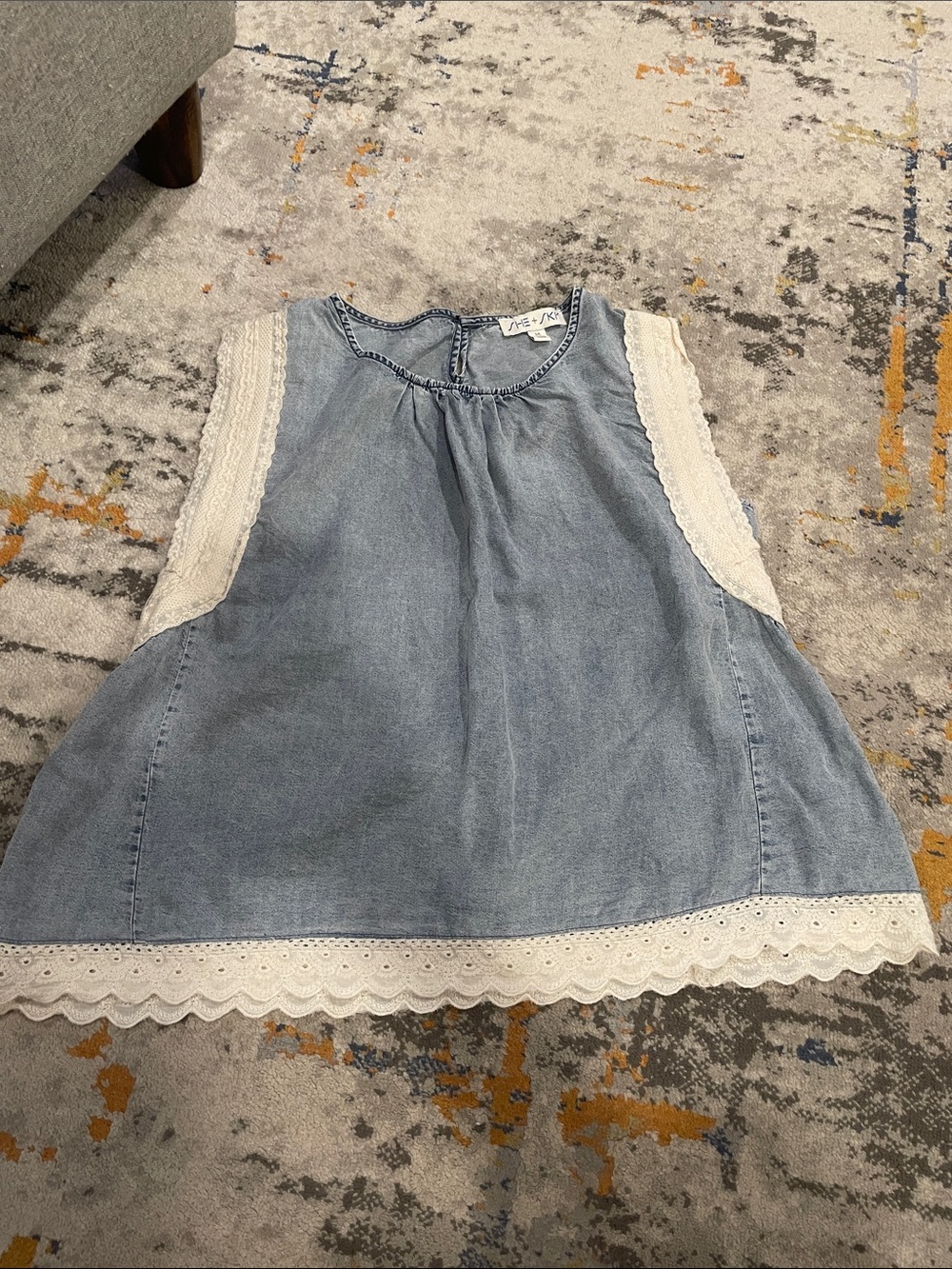 She + Sky Light Denim Sleeveless Blouse with Lace Trim